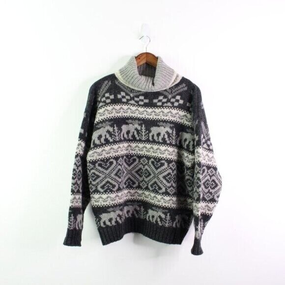 VTG Eddie Bauer Wool Outdoors Knit Turtleneck Sweater Grey L - Picture 1 of 4